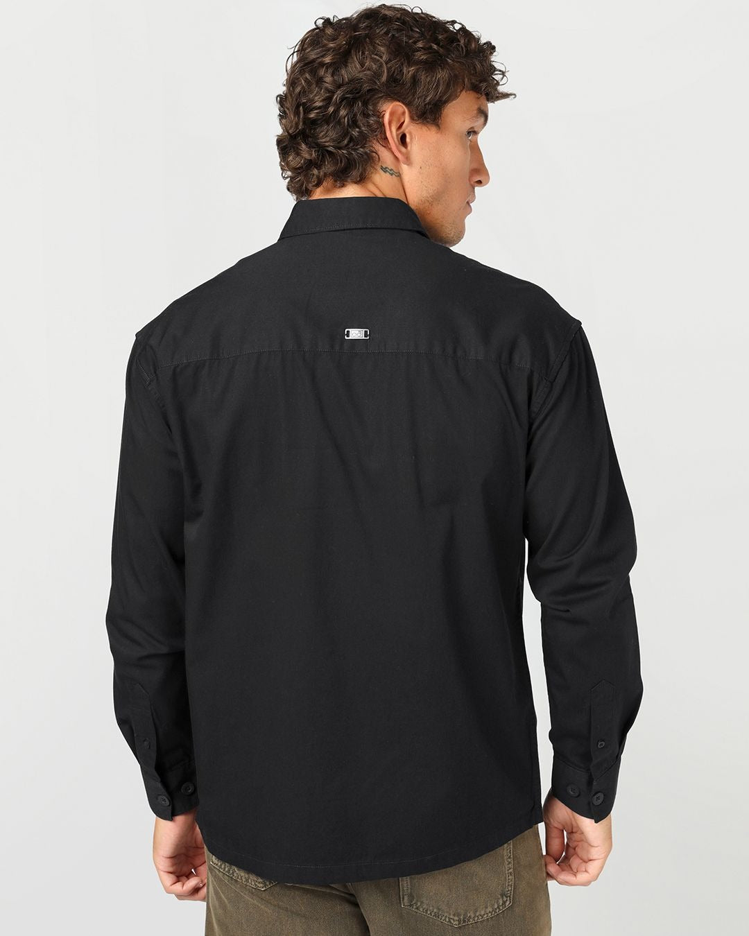 Qixton Men's Jet Black Utility Casual Cotton Shirt with Embroidered Patch – Premium Full Sleeve Relaxed Fit Shirt