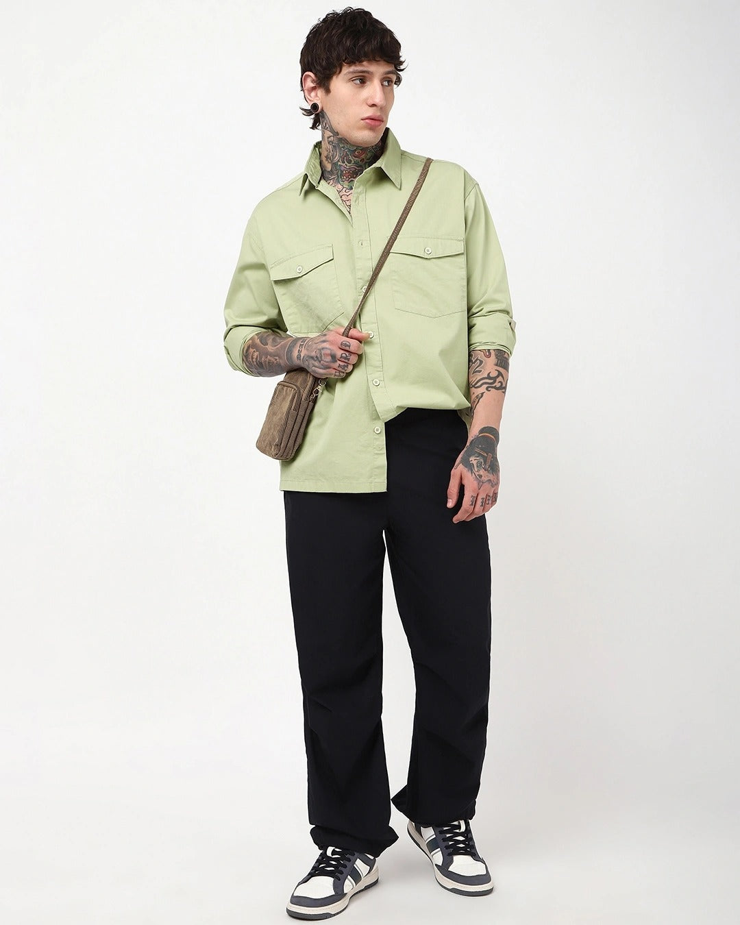 Qixton Men's Pistachio Green Utility Casual Cotton Shirt – Premium Full Sleeve Relaxed Fit Shirt