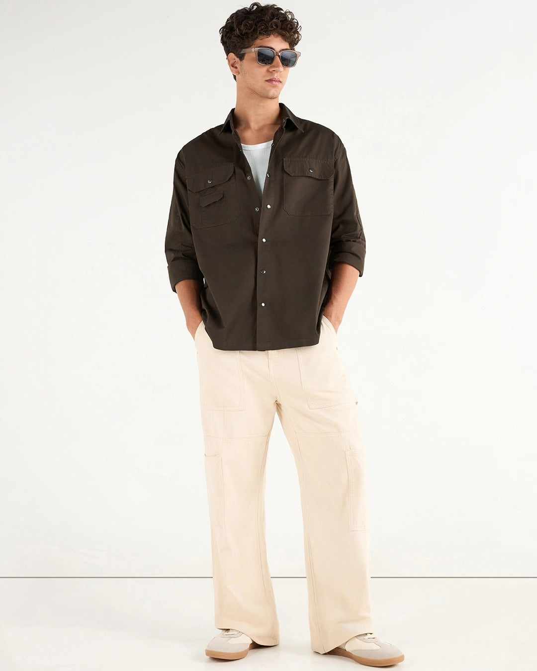 Qixton Men's Coffee Brown Utility Casual Cotton Shirt – Premium Full Sleeve Relaxed Fit Shirt