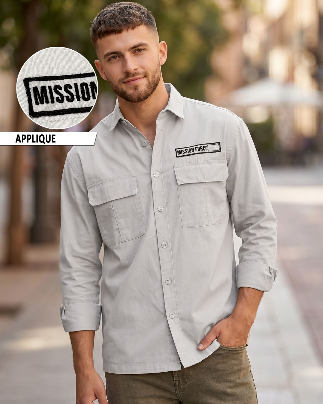 Qixton Men's Light Grey Utility Casual Cotton Shirt – Premium Full Sleeve Relaxed Fit Shirt