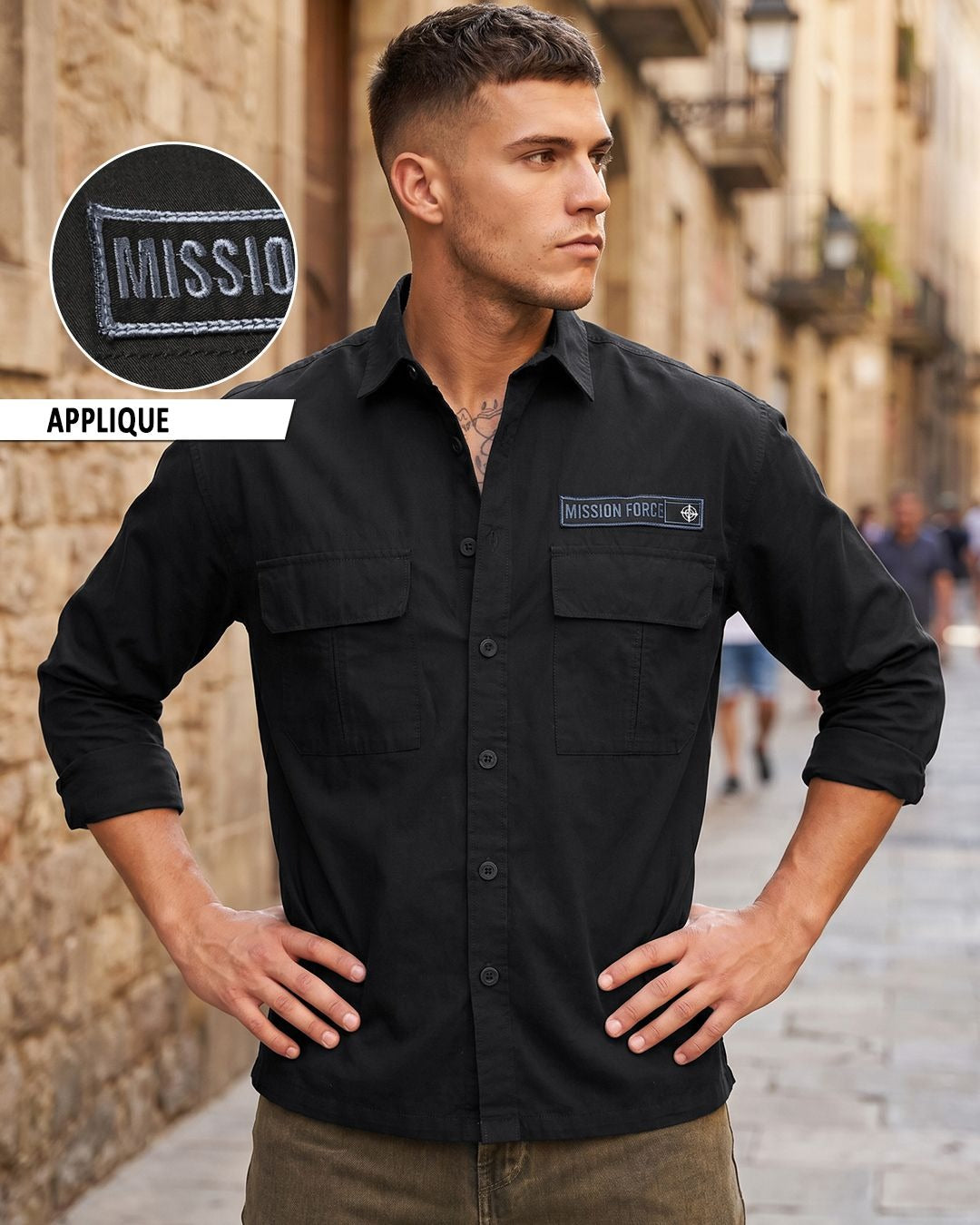Qixton Men's Jet Black Utility Casual Cotton Shirt with Embroidered Patch – Premium Full Sleeve Relaxed Fit Shirt