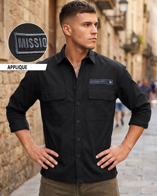 Qixton Men's Jet Black Utility Casual Cotton Shirt with Embroidered Patch – Premium Full Sleeve Relaxed Fit Shirt