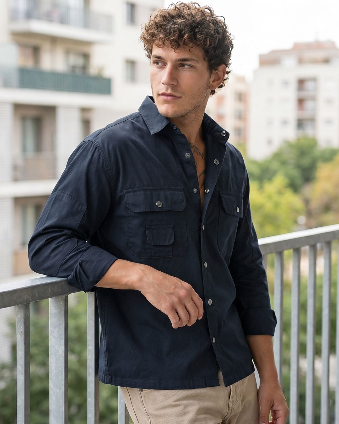 Qixton Men's Midnight Navy Utility Casual Cotton Shirt – Premium Full Sleeve Relaxed Fit Shirt