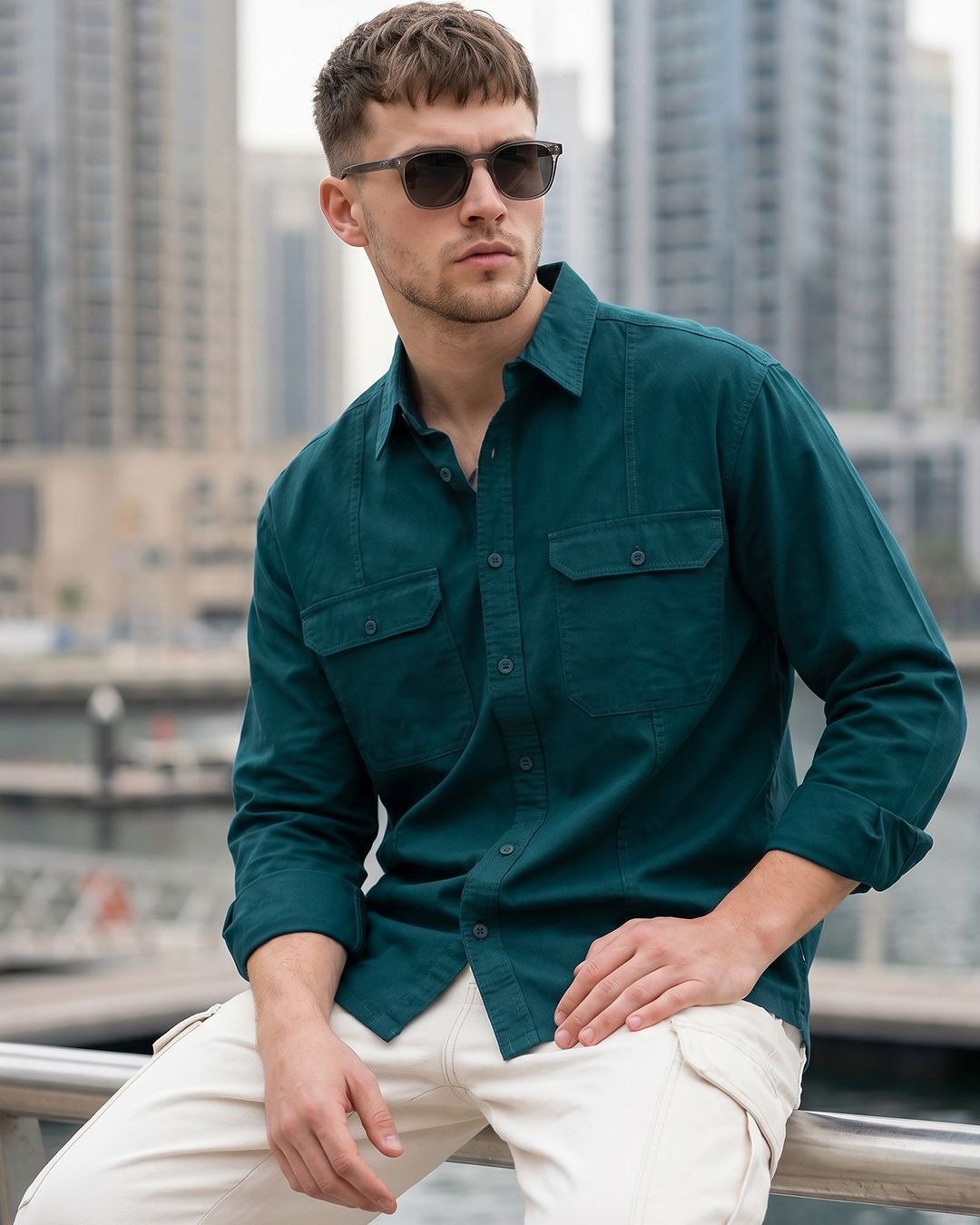 Qixton Men's Dark Teal Utility Casual Cotton Shirt – Premium Full Sleeve Relaxed Fit Shirt