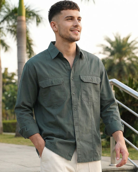 Qixton Men's Olive Green Utility Casual Cotton Shirt – Premium Full Sleeve Overshirt