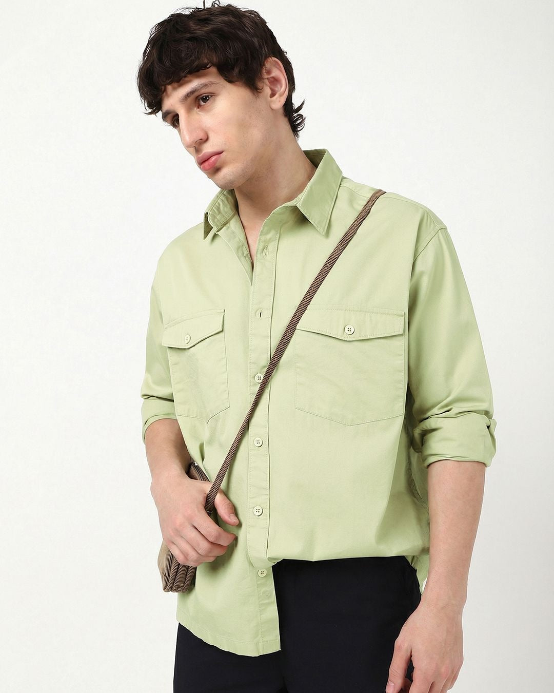Qixton Men's Pistachio Green Utility Casual Cotton Shirt – Premium Full Sleeve Relaxed Fit Shirt