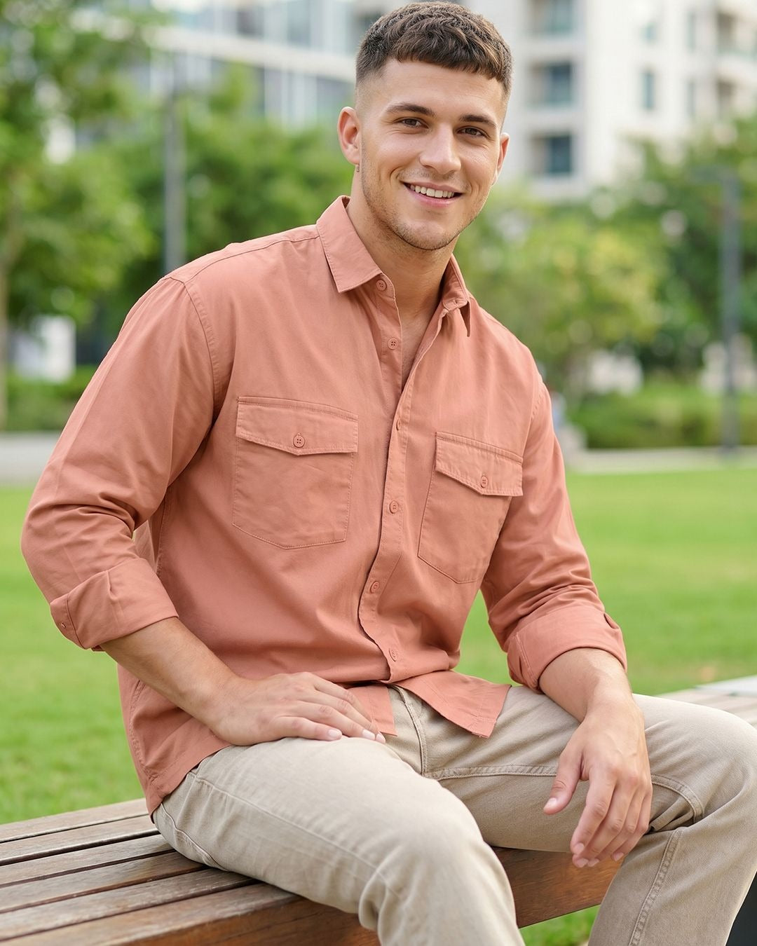 Qixton Men's Dusty Peach Utility Casual Cotton Shirt – Premium Full Sleeve Relaxed Fit Shirt