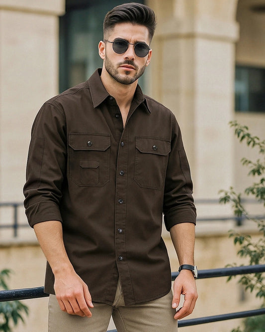 Qixton Men's Coffee Brown Utility Casual Cotton Shirt – Premium Full Sleeve Relaxed Fit Shirt