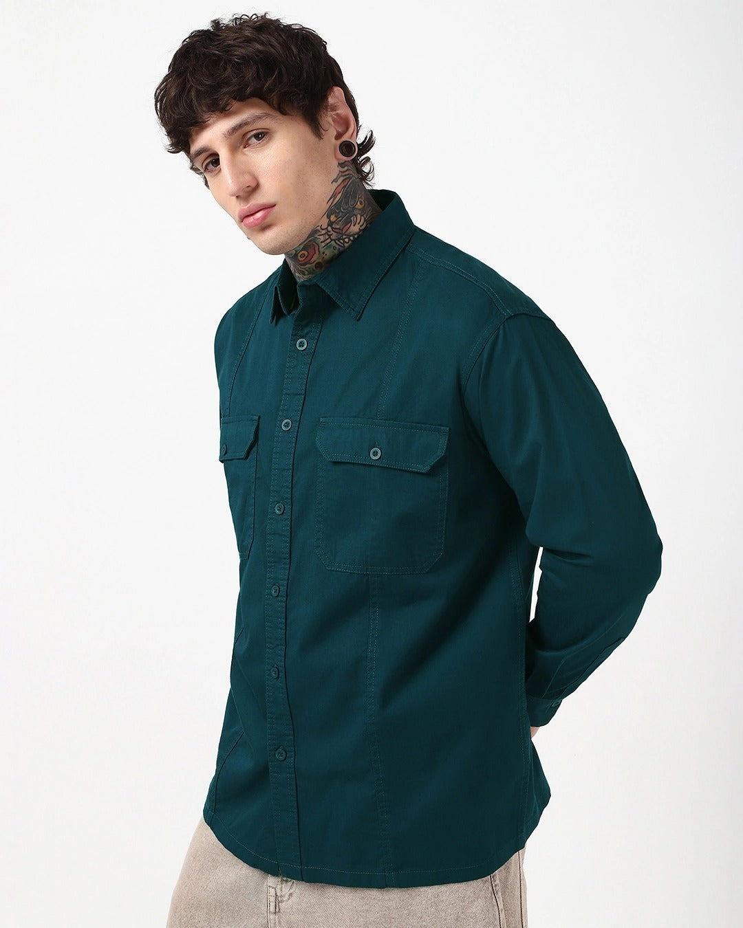 Qixton Men's Dark Teal Utility Casual Cotton Shirt – Premium Full Sleeve Relaxed Fit Shirt